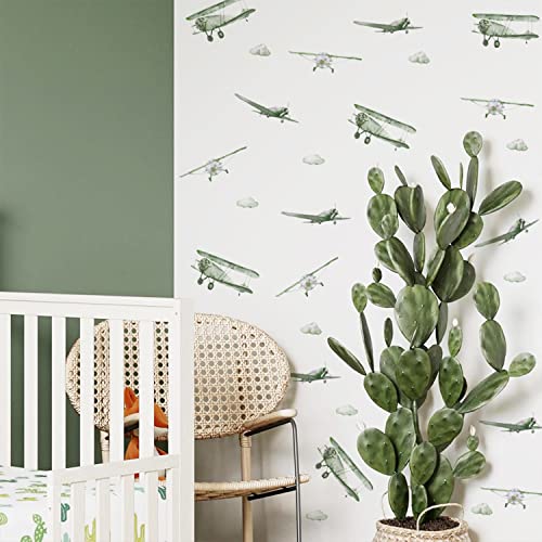 astrkiz Boy Vintage Planes Wall Decals Peel and Stick, Watercolor Green Airplane and Clouds Wall Sticker for Baby Boys Room Kids Room Playroom Gender Neutral Room Nursery Wall Art Stickers Decor - Image 3