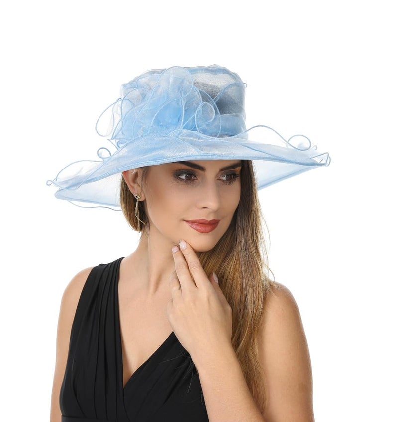 SAFERIN Derby Hat for Women Organza Fascinator Tea Party Wedding Church Dress Hats (US, Alpha, Medium, TZ-Light Blue Flower) - Image 3