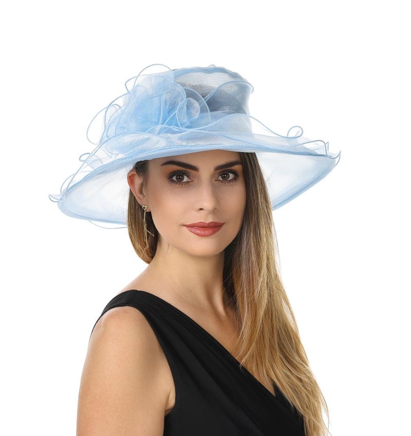 SAFERIN Derby Hat for Women Organza Fascinator Tea Party Wedding Church Dress Hats (US, Alpha, Medium, TZ-Light Blue Flower) - Image 1