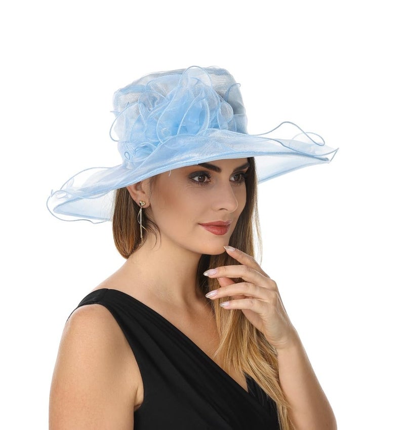 SAFERIN Derby Hat for Women Organza Fascinator Tea Party Wedding Church Dress Hats (US, Alpha, Medium, TZ-Light Blue Flower) - Image 4