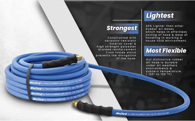 BluBird BB12100 1/2" x 100' Rubber Air Hose, 100% Rubber, Lightest, Strongest, Most Flexible, 300 PSI, 50F to 190F Degrees, Ozone Resistant, High Strength Polyester Braided - Image 4