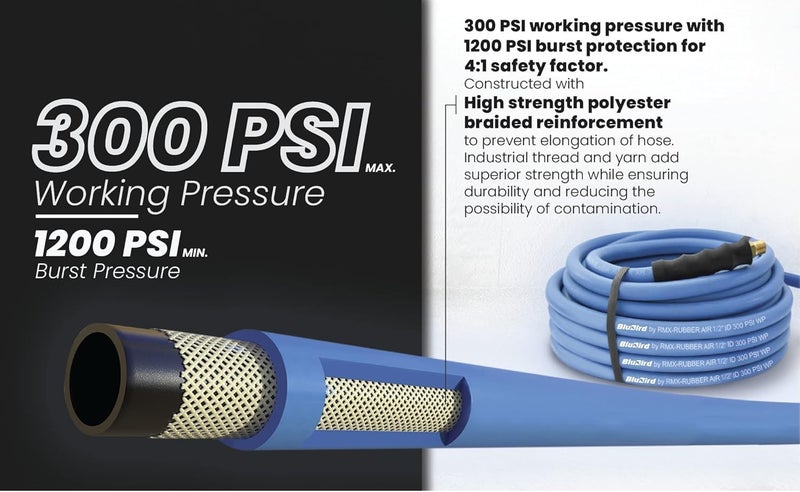 BluBird BB12100 1/2" x 100' Rubber Air Hose, 100% Rubber, Lightest, Strongest, Most Flexible, 300 PSI, 50F to 190F Degrees, Ozone Resistant, High Strength Polyester Braided - Image 5