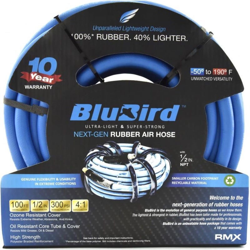 BluBird BB12100 1/2" x 100' Rubber Air Hose, 100% Rubber, Lightest, Strongest, Most Flexible, 300 PSI, 50F to 190F Degrees, Ozone Resistant, High Strength Polyester Braided - Image 1