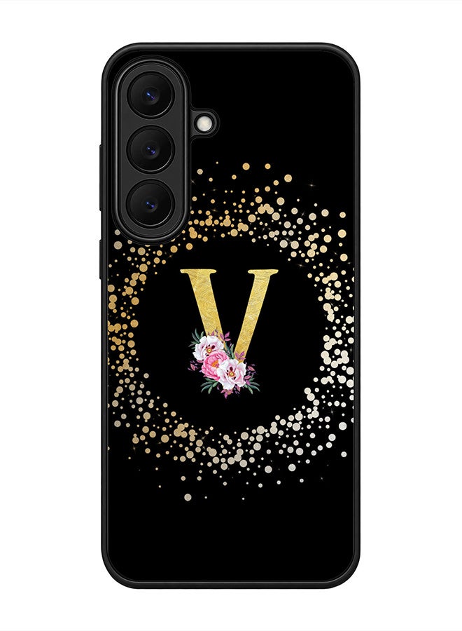 Stylizedd Rugged Case for Samsung Galaxy S26 FE- Slim Fit Hybrid Rubber Cover Floral Monogram - V (Black)