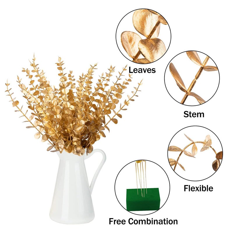 ABAJI Plastic Eucalyptus Golden Stems 12 Fake Faux Decorations Artificial Leaves Greenery Plant Leaf Home Office House Table Desk Decor Wedding Party Vase Forever Live - Image 2