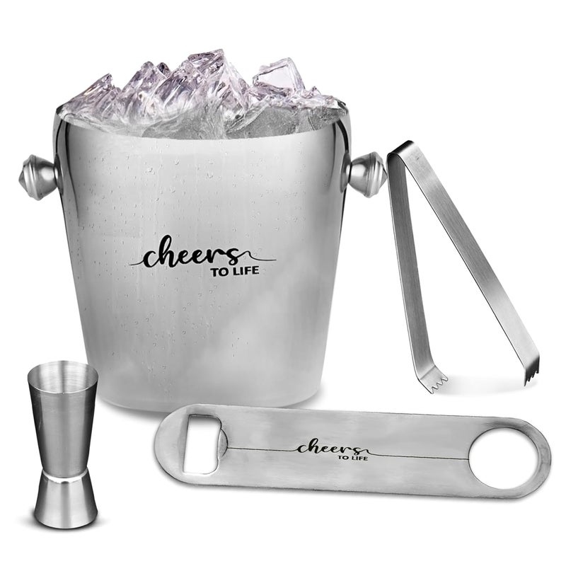 Axiom barset Stainless Steel of 4 bar Accessories Ice Bucket for Wine Beer Bottle Opener peg Measurer ice Tong with Cheers to Life Design - Image 1