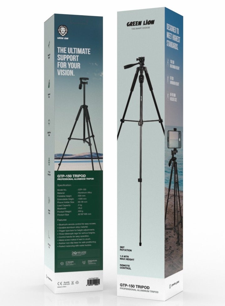 GREEN LION GTP-150 Tripod-Professional Aluminum / Photography/ Videography/ Live streaming / Phone Holder 90-48 mm/ Bluetooth v5.2 / 2 kg Load Capacity / 360° Rotation / Remote Control - Black - Image 3