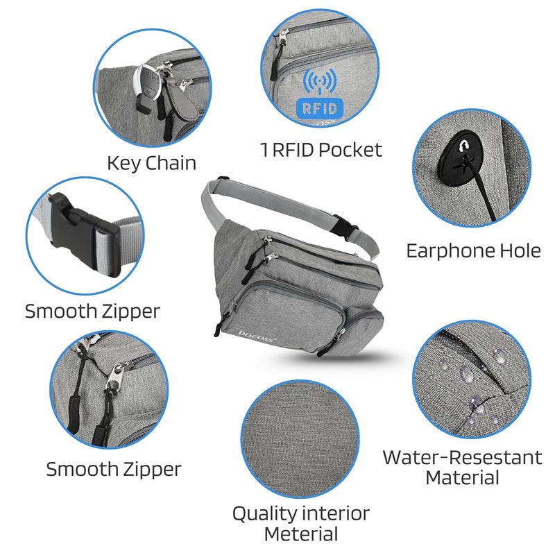 DOCOSS -Fanny Pack for Men,Women,Waterproof Waist Bag,1 RFID Safe Pocket,Premium Stitching & Zippers Travel Side Bag for Men,Women -Belt Bag with Extra Extendable Belt for Travelling (Grey) - Image 3