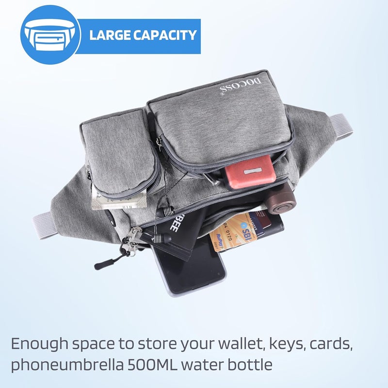 DOCOSS -Fanny Pack for Men,Women,Waterproof Waist Bag,1 RFID Safe Pocket,Premium Stitching & Zippers Travel Side Bag for Men,Women -Belt Bag with Extra Extendable Belt for Travelling (Grey) - Image 4