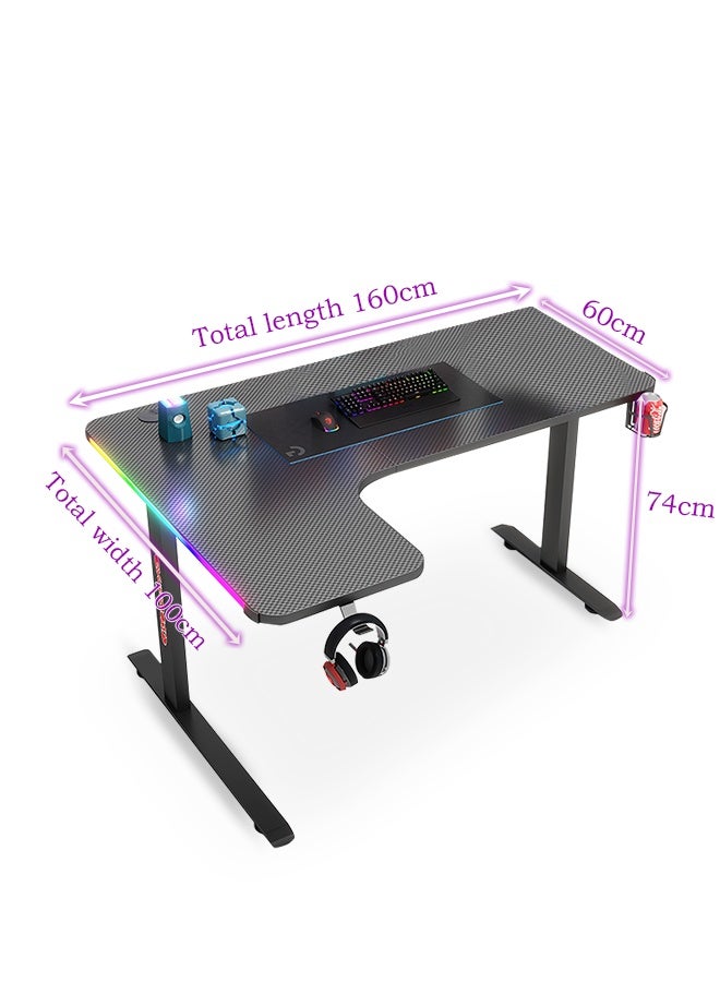 Generic L-Shaped Gaming Desk Computer Workstation，160 x 100cm Large Corner Game Table Carbon Fiber Black Desktop Gamer Desks with 12 Colors  RGB Light Cable Management Box Headphone Hook and Cup Holder  - Image 3