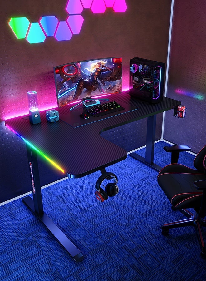 Generic L-Shaped Gaming Desk Computer Workstation，160 x 100cm Large Corner Game Table Carbon Fiber Black Desktop Gamer Desks with 12 Colors  RGB Light Cable Management Box Headphone Hook and Cup Holder  - Image 2