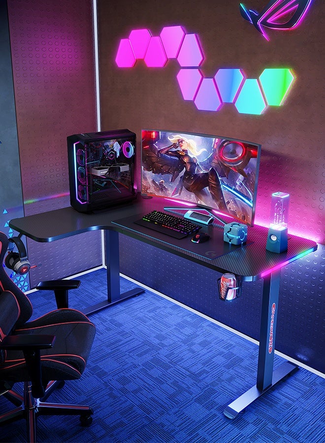 Generic L-Shaped Gaming Desk Computer Workstation，160 x 100cm Large Corner Game Table Carbon Fiber Black Desktop Gamer Desks with 12 Colors  RGB Light Cable Management Box Headphone Hook and Cup Holder  - Image 1
