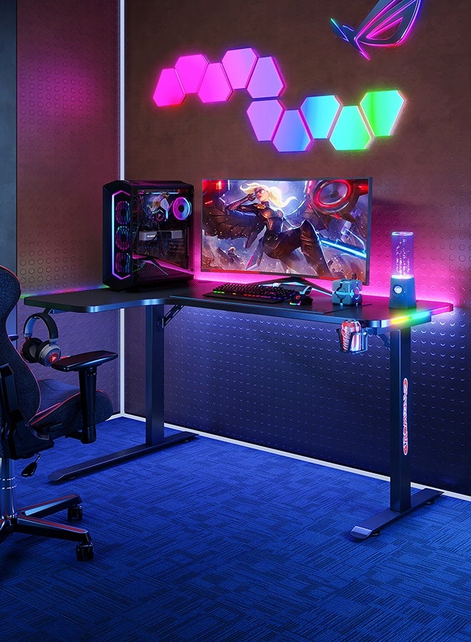 Generic L-Shaped Gaming Desk Computer Workstation，160 x 100cm Large Corner Game Table Carbon Fiber Black Desktop Gamer Desks with 12 Colors  RGB Light Cable Management Box Headphone Hook and Cup Holder  - Image 4