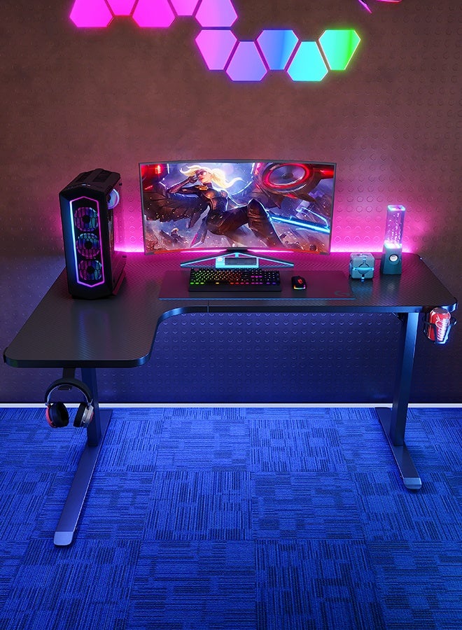 Generic L-Shaped Gaming Desk Computer Workstation，160 x 100cm Large Corner Game Table Carbon Fiber Black Desktop Gamer Desks with 12 Colors  RGB Light Cable Management Box Headphone Hook and Cup Holder  - Image 5