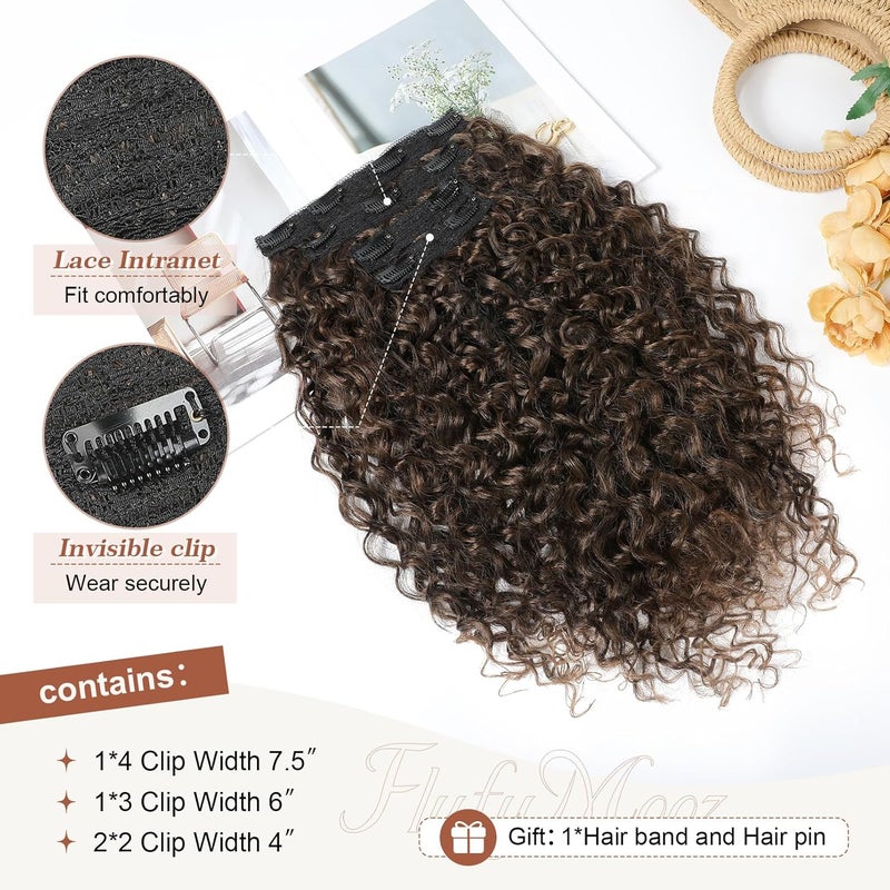 Flufymooz Clip in Hair Extensions, 4PC 100％ Pure Protein Silk Hair Extensions Long Soft Natural Hairpiece 16 Inch Curly Hairpiece for Women (Dark Almond brown with copper) - Image 3