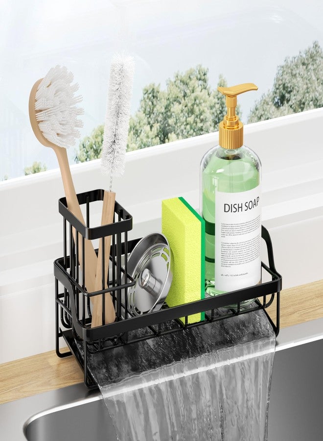 Consumest Sponge Holder for Kitchen Sink - Sink Caddy with Stainless Steel Self Drain Tray, Sink Organizer with High Brush Holder Countertop for Kitchen Sink Accessories, Black - Image 1