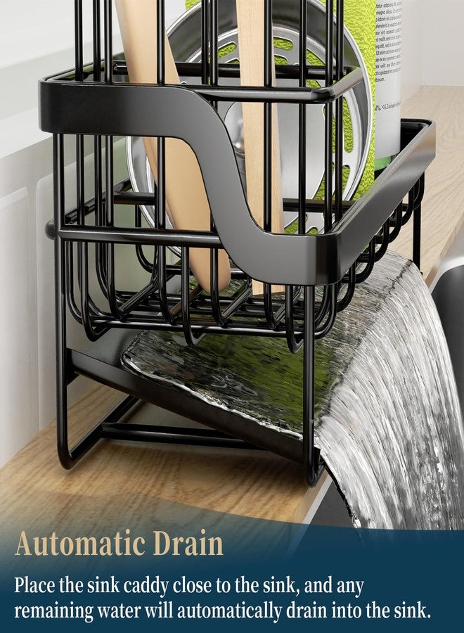 Consumest Sponge Holder for Kitchen Sink - Sink Caddy with Stainless Steel Self Drain Tray, Sink Organizer with High Brush Holder Countertop for Kitchen Sink Accessories, Black - Image 2