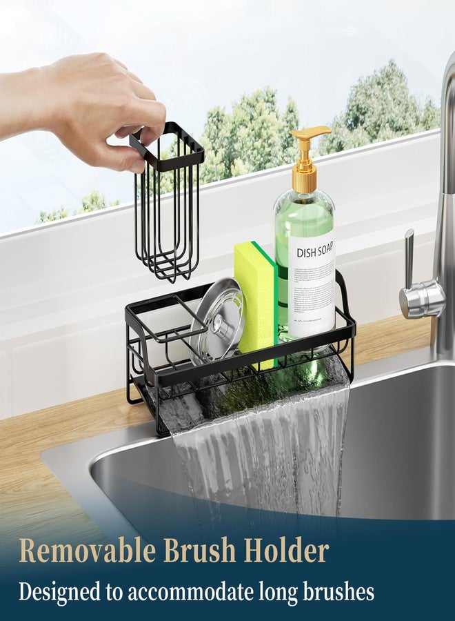 Consumest Sponge Holder for Kitchen Sink - Sink Caddy with Stainless Steel Self Drain Tray, Sink Organizer with High Brush Holder Countertop for Kitchen Sink Accessories, Black - Image 4