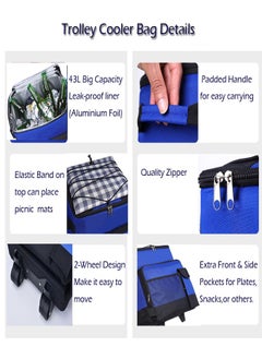 Gerenic Foldable Grocery Shopping Trolley, Cooler Food Bag, Portable Hand Boot Cart Trunk, Rolling Insulated Thermal, Wheels Roller for Outdoor BBQ Beach, Camping Picnics, 43L Capacity, Blue  - Image 4