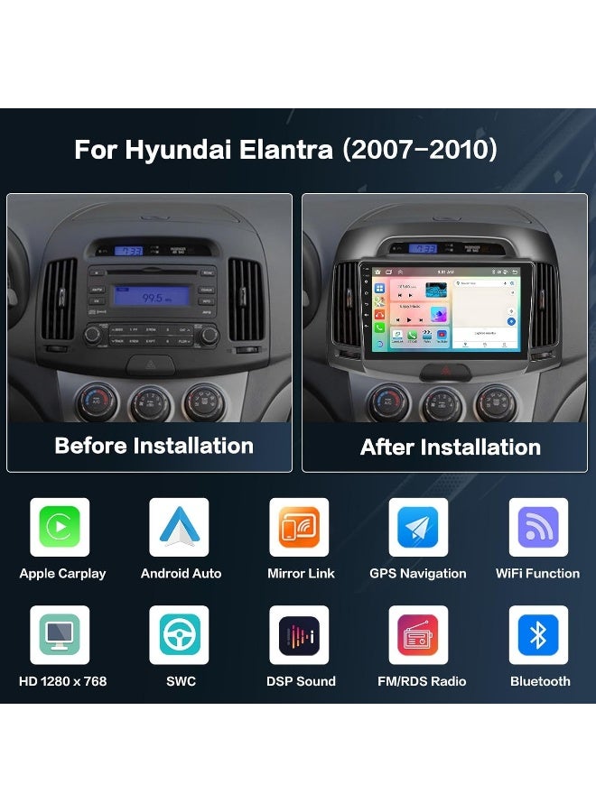 Vierex Fit For Hyundai Elantra 2007-2010 Android Car Stereo Screen With Apple Carplay Android Auto Wireless 4GB 32GB WiFi DSP Radio HD Camera Included Fast Interface - Image 2