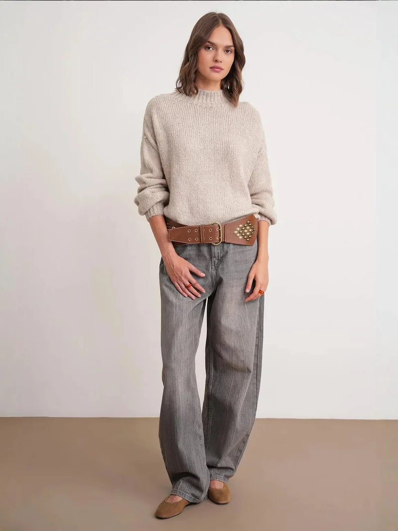 MixRay Mixray Relaxed Fit Crew Neck Thick Knit Sweater