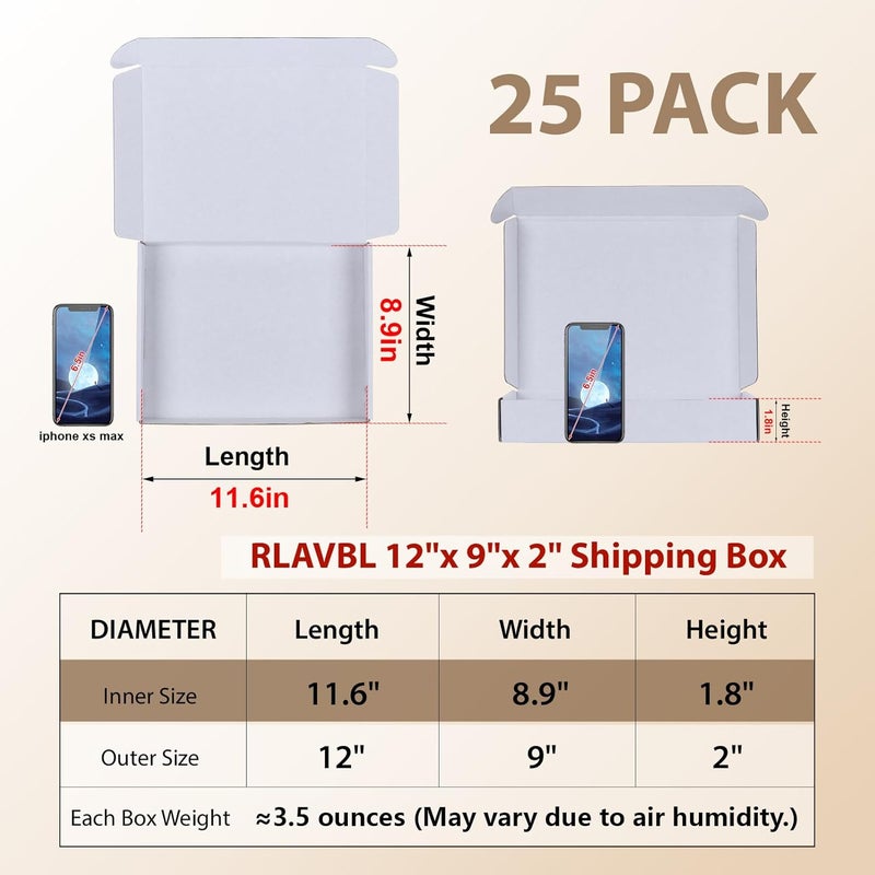 مجموعة RLAVBL من 25 صندوق كرتون مقاس 30.5 × 22.5 × 5 سم مع غطاء لشحن الطرود، صناديق كرتون للتنقل أو التخزين، أبيض - Image 2