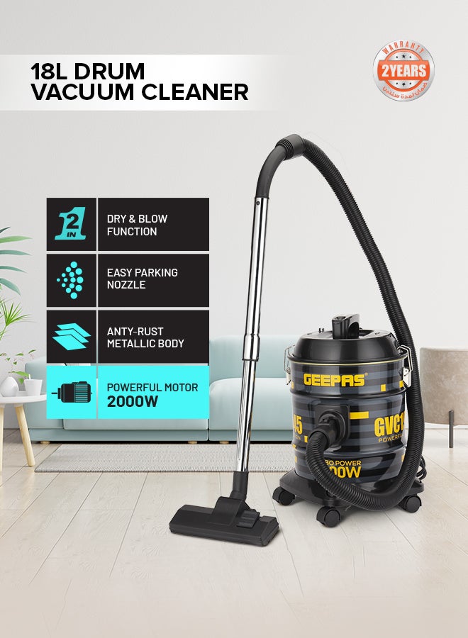 GEEPAS Drum Vacuum Cleaner- 18 L Dust Bag Capacity with Elegant Body, Metallic Tank/ Powerful Suction, Dry and Blow Function, Full Indicator/ Perfect for Home, Office, Apartments 18 L 2000 W GVC19045 Black, Yellow - Image 1