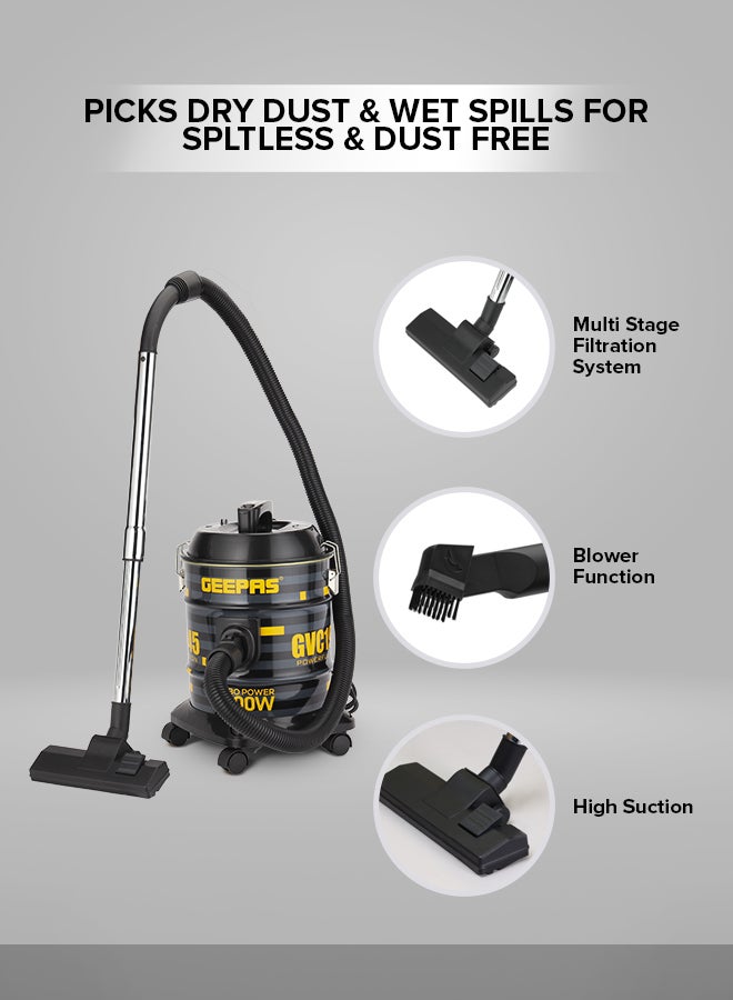 GEEPAS Drum Vacuum Cleaner- 18 L Dust Bag Capacity with Elegant Body, Metallic Tank/ Powerful Suction, Dry and Blow Function, Full Indicator/ Perfect for Home, Office, Apartments 18 L 2000 W GVC19045 Black, Yellow - Image 2