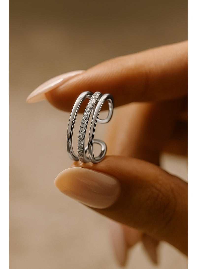 3Diamonds Silver Open Ring – Platinum & Rhodium Plated, Modern & Adjustable Design - Image 2