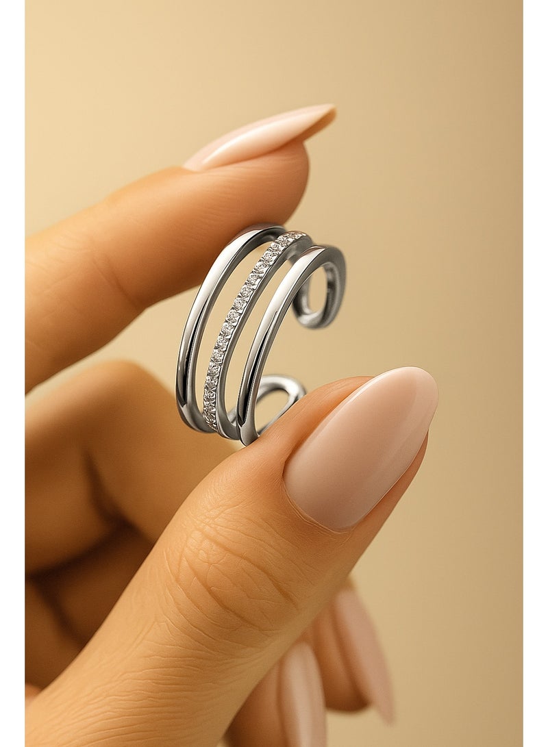 3Diamonds Silver Open Ring – Platinum & Rhodium Plated, Modern & Adjustable Design - Image 3