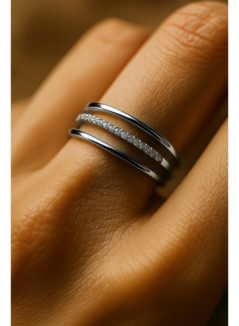 3Diamonds Silver Open Ring – Platinum & Rhodium Plated, Modern & Adjustable Design - Image 5
