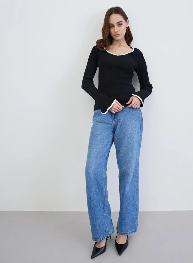 Styli Black Knit Top with White Trim