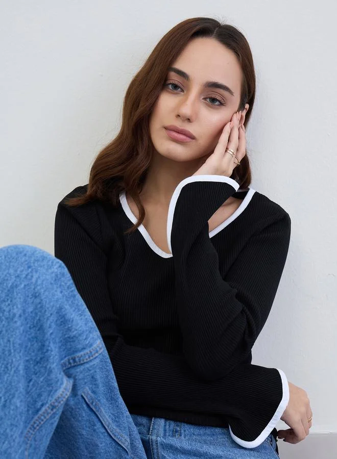 Styli Black Knit Top with White Trim