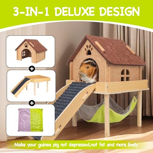 BESNEW 3 in 1 Enlarged Guinea Pig HammockWooden Guinea Pig Hideout with House Platform Stairs Small Animal Toys for Hiding Sleeping Activities - Image 3