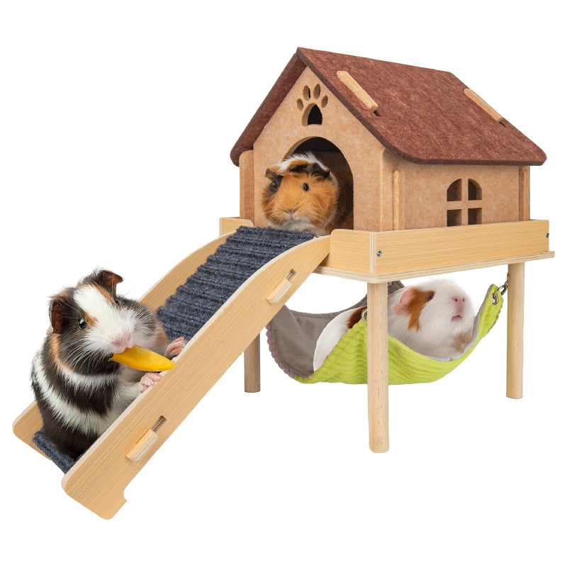 BESNEW 3 in 1 Enlarged Guinea Pig HammockWooden Guinea Pig Hideout with House Platform Stairs Small Animal Toys for Hiding Sleeping Activities - Image 2