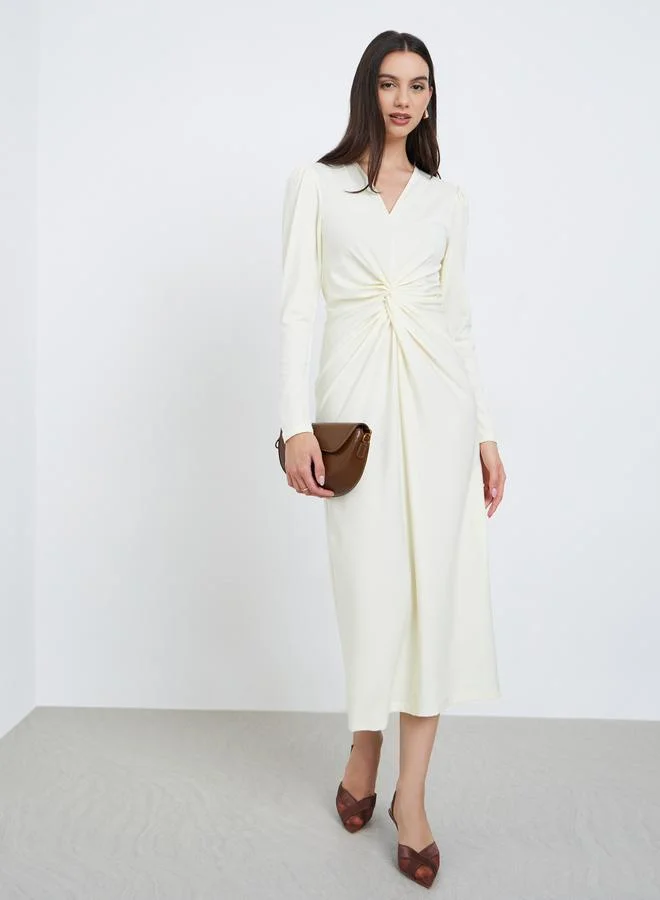 تايك تو White Twist Waist V-Neck Midi Dress