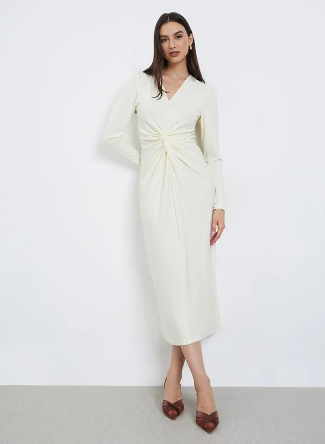 تايك تو White Twist Waist V-Neck Midi Dress