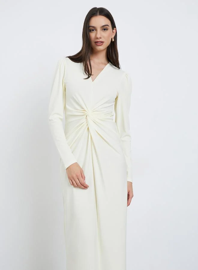 Take Two  White Twist Waist V-Neck Midi Dress for Women | Best Price UAE