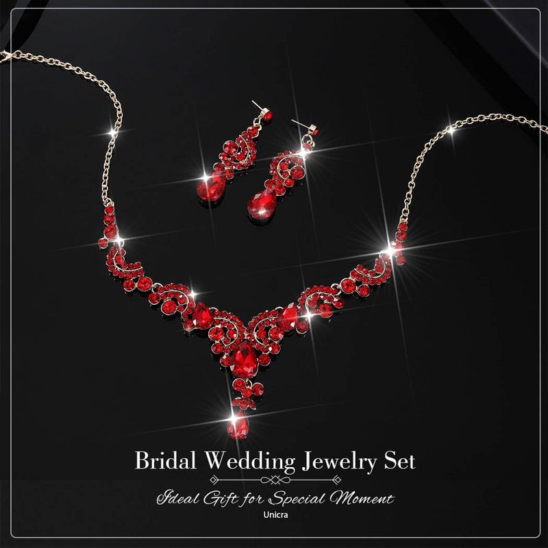 Unicra Bride Wedding Jewelry Sets Crystal Bridal Necklace Earrings Set Rhinestone Choker Necklace Prom Costume Jewelry for Women and Brides (Red) - Image 3