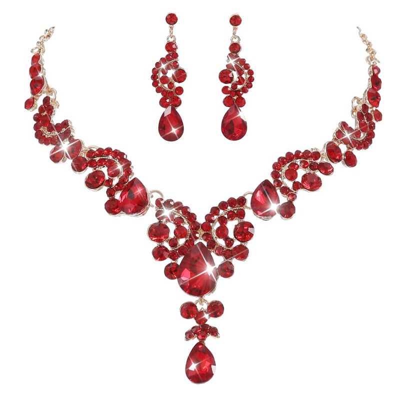 Unicra Bride Wedding Jewelry Sets Crystal Bridal Necklace Earrings Set Rhinestone Choker Necklace Prom Costume Jewelry for Women and Brides (Red) - Image 1
