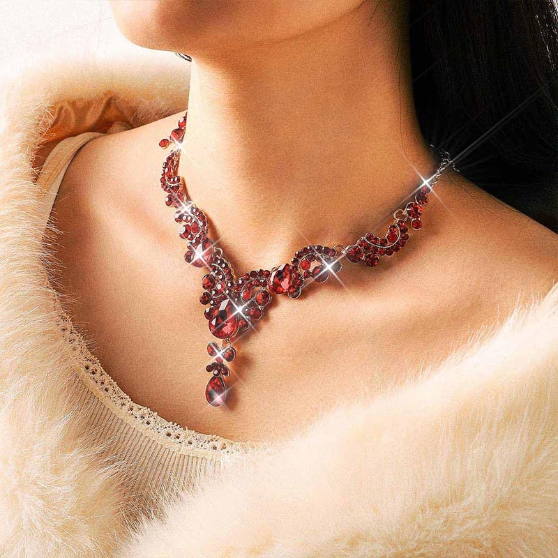 Unicra Bride Wedding Jewelry Sets Crystal Bridal Necklace Earrings Set Rhinestone Choker Necklace Prom Costume Jewelry for Women and Brides (Red) - Image 5