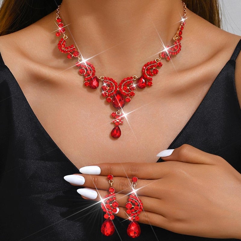 Unicra Bride Wedding Jewelry Sets Crystal Bridal Necklace Earrings Set Rhinestone Choker Necklace Prom Costume Jewelry for Women and Brides (Red) - Image 2