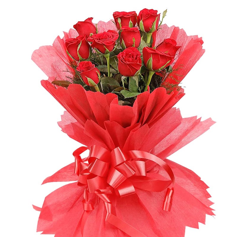 EG2i 10 Pink Roses With Green Fillers Wrapping With Pink Paper Pink Ribbon - Image 1