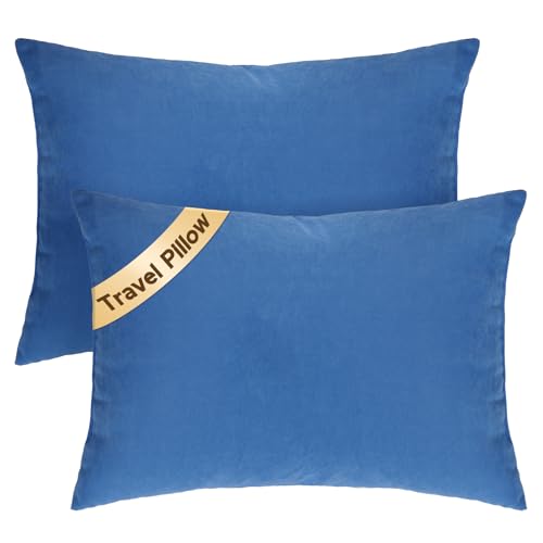 SweetSlubr Small Travel Pillows - 2 Pack, 13"x18" Machine Washable Neck Pillow for Airplane & Long Flight, Breathable Headrest for Nap, Sleeping & Camping, Cushion for Lumbar, Knee, Ankle (Blue) - Image 1