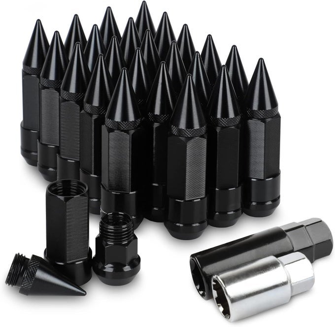 24Pcs Anti Theft Spikes Extended Tuner Wheel/Rims Lug Nut M14X1.5 With Socket (Black)