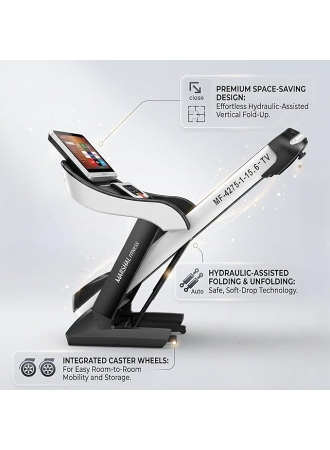 Marshal Fitness 6.0HP DC Motorized Treadmill with 15.6" Android Touchscreen TV | Auto Incline | Foldable Home Running Machine | Bluetooth & Smart Features - Image 5