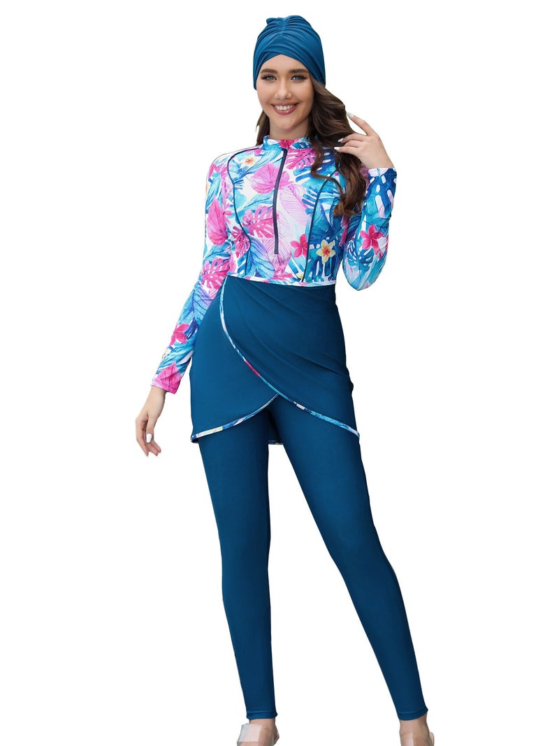2024 New Long Sleeve Zipper Muslim Swimwear with Cap and Chest Pad 3-Piece Modest Swimsuit Blue
