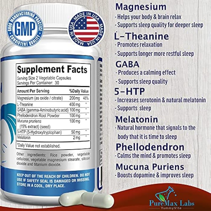 YUMMYVITE Natural Calm Sleep Aid with Magnesium, L-Theanine, Melatonin, GABA, 5-Htp | Sleep Aid | Non-GMO - 60 Capsules - Image 2