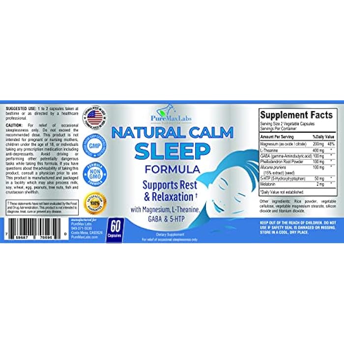 YUMMYVITE Natural Calm Sleep Aid with Magnesium, L-Theanine, Melatonin, GABA, 5-Htp | Sleep Aid | Non-GMO - 60 Capsules - Image 5