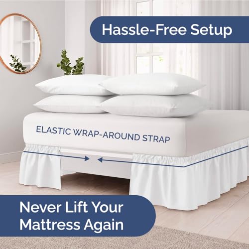 CGK Unlimited Wrap Around Dust Ruffle Bed Skirt - White - for Queen Size Beds with 12 Inch Drop - Easy Fit Elastic Strap - Adjustable Pleated Bedskirt w/Brushed Fabric - Wrinkle Free - for Women, Men, Kids & Teens - Image 2